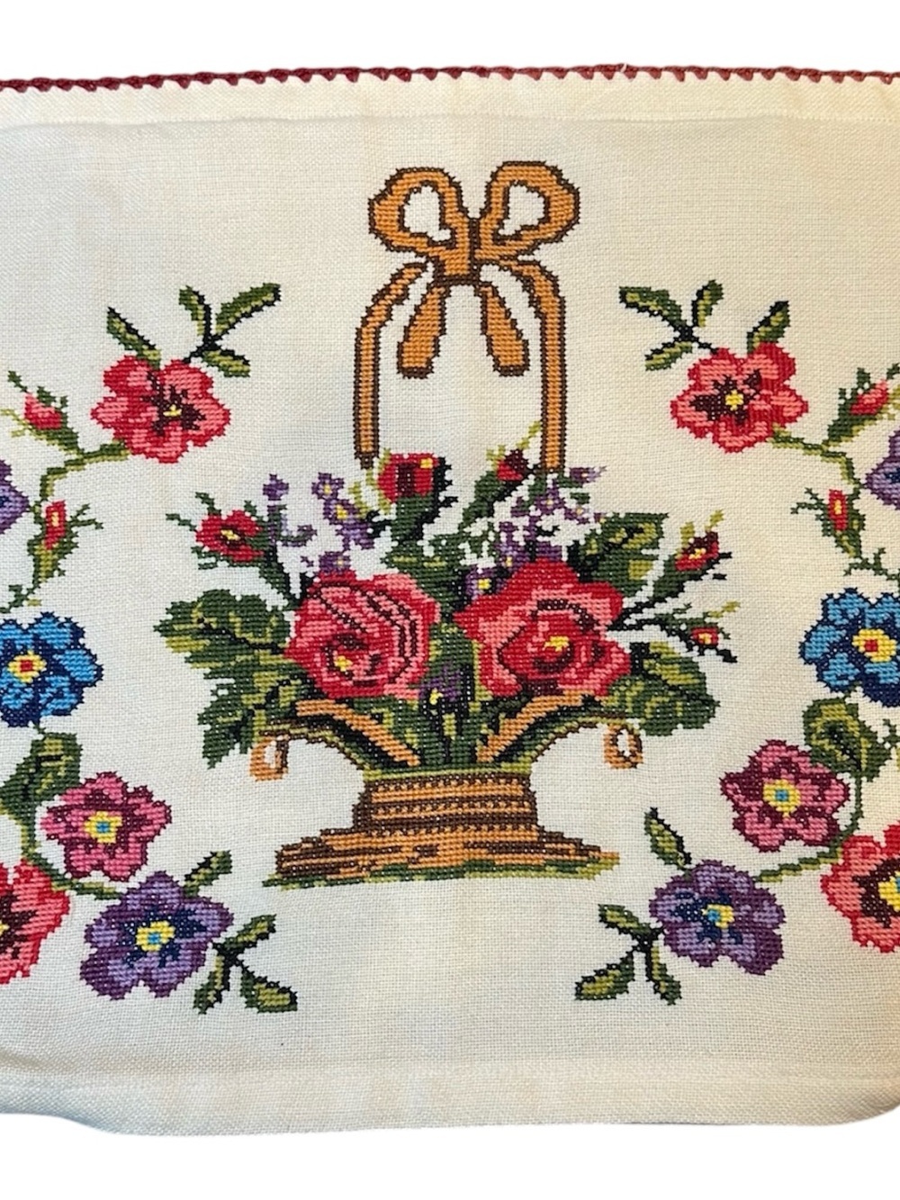 Floral Basket Embroidered Throw Pillow Cover or Wall Hanging